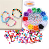 A collection of pony beads in various colors, including letter beads and elastic cord, displayed in small plastic containers.