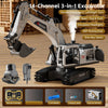 A 14-channel 3-in-1 excavator RC model with attachments and accessories displayed on a wooden surface.