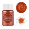 A glass jar of orange red pearl powder next to a swirl of the same color and scattered powder.