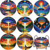 Eight diamond painting coasters featuring colorful celestial and abstract designs with metal holders.