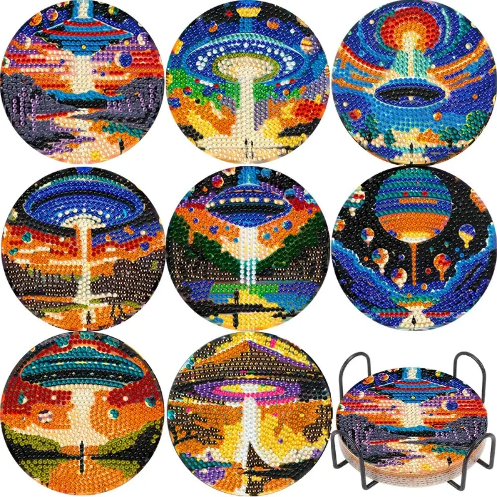 Eight diamond painting coasters featuring colorful celestial and abstract designs with metal holders.