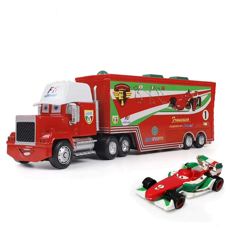 A red diecast toy hauler truck with a white cab and green accents, featuring a logo on the side.