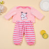 A pink and white animal romper set for a baby, featuring a top with a bear design and striped pants.