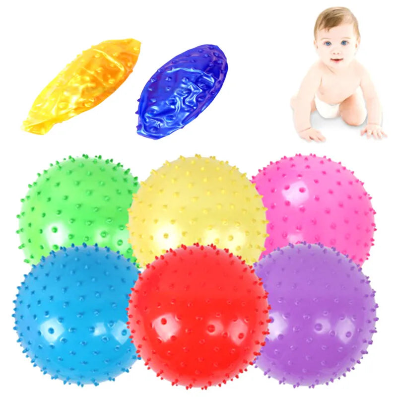 A set of three inflatable sensory balls in yellow, blue, and pink are displayed on a white background.