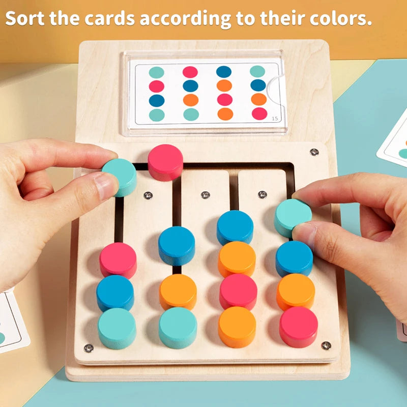 Hands sort colored wooden cards into matching color slots on a wooden puzzle board.