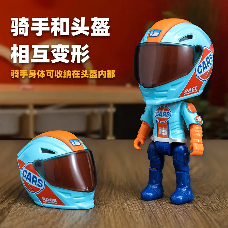 A miniature toy car race helmet collectible in blue and orange colors displayed on a wooden surface.