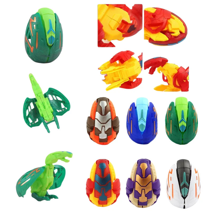 A collection of colorful dinosaur egg toys in various shapes and colors, including green, yellow, red, and blue.