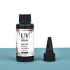 A bottle of UV resin hard type clear glue with a black dropper cap and a separate dropper shown on a teal surface.