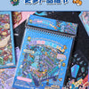 A collection of miniature landscape scenes in a notebook featuring colorful 3D cartoon stickers for scrapbooking and journali
