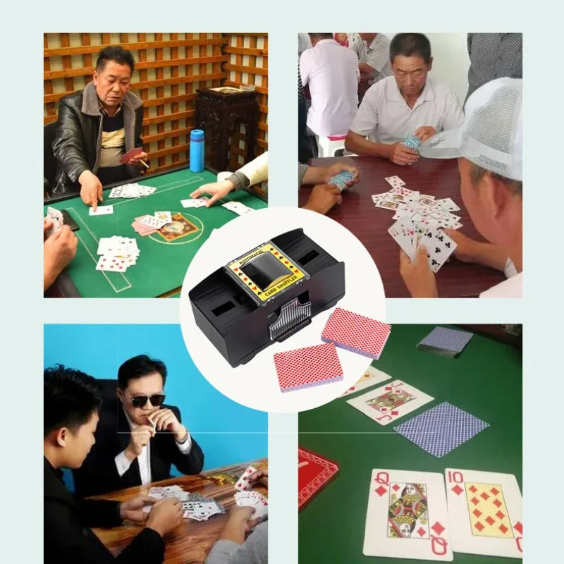 A set of cards and a black automatic card shuffler device used for home and party games.