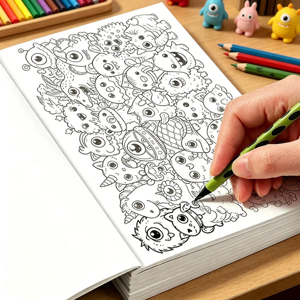 Eine Hand zeichnet detaillierte Linienkunst und Kritzeleien auf einer Seite eines Ausmalbuchs für Erwachsene.
