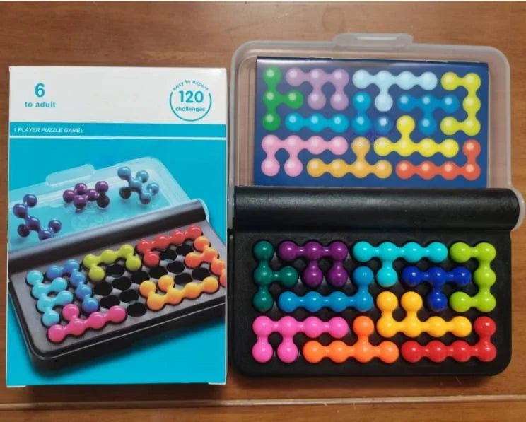 A box of Pyramid Bead Logic Puzzle with 120 challenges for adults, showing various colored plastic beads.