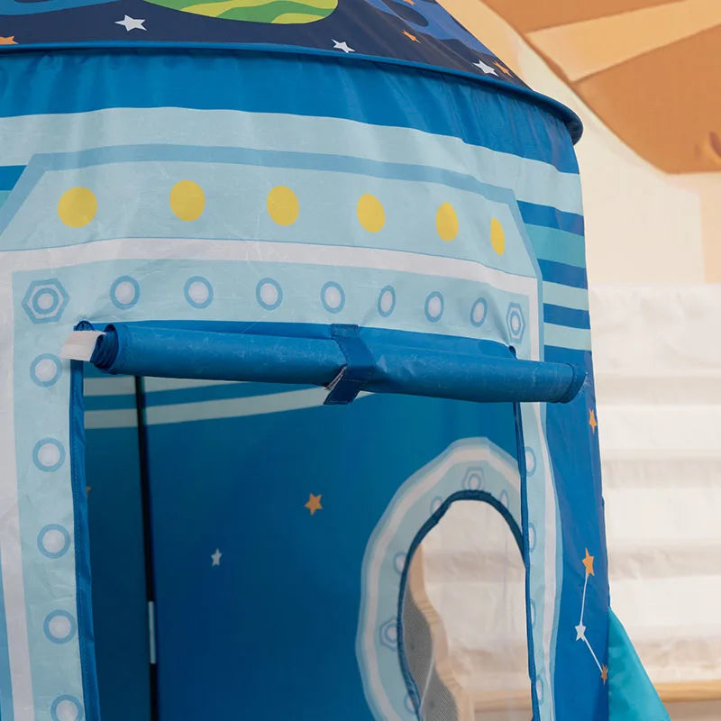 A blue and white striped pop-up play tent shaped like a rocket ship for children.
