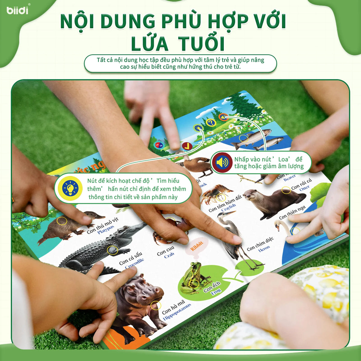A children's interactive talking book showing various animals and parts of the body for learning.