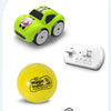 A lime green RC car is displayed next to its remote control and a yellow ball, showing the product setup.