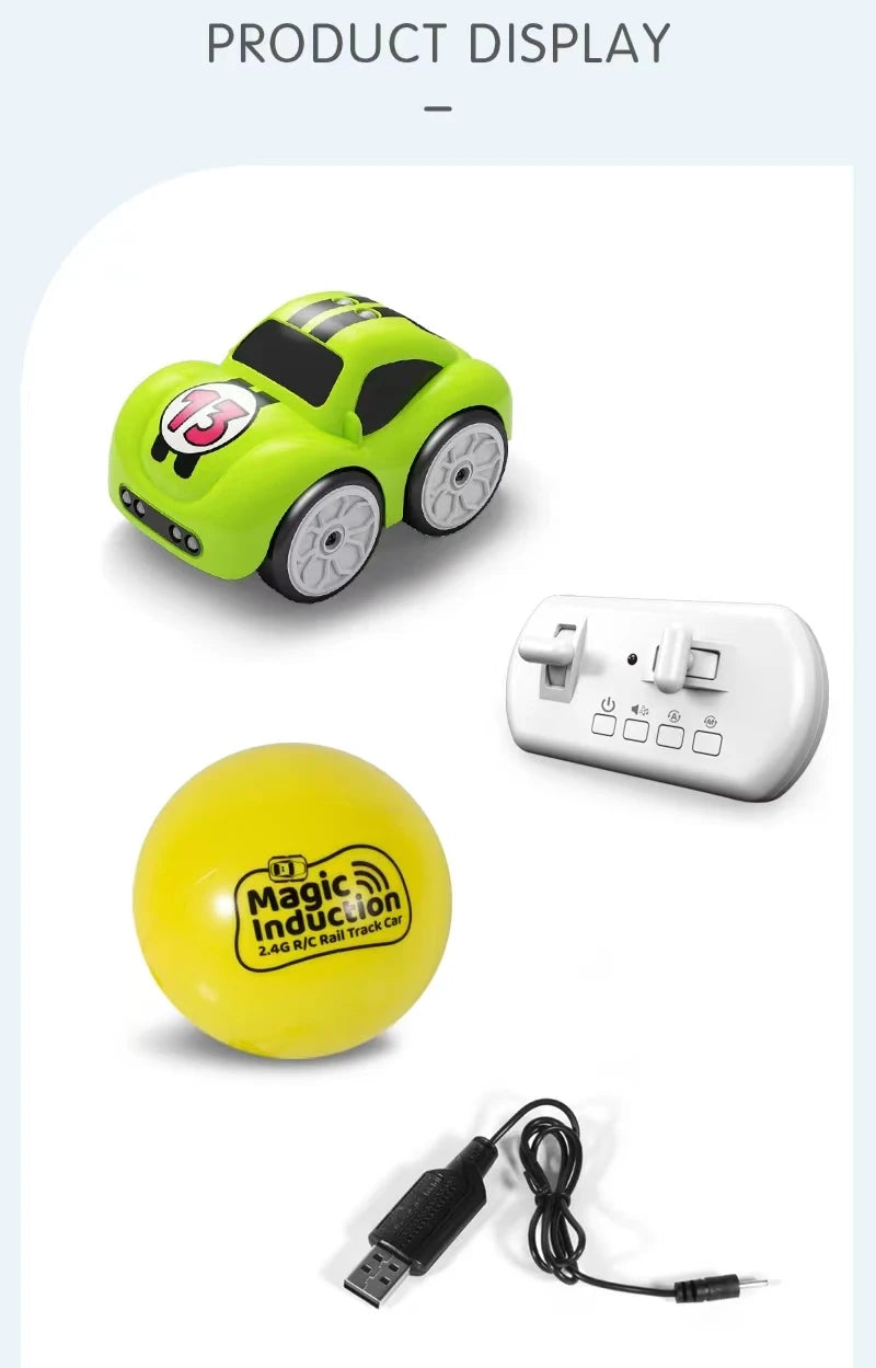 A lime green RC car is displayed next to its remote control and a yellow ball, showing the product setup.