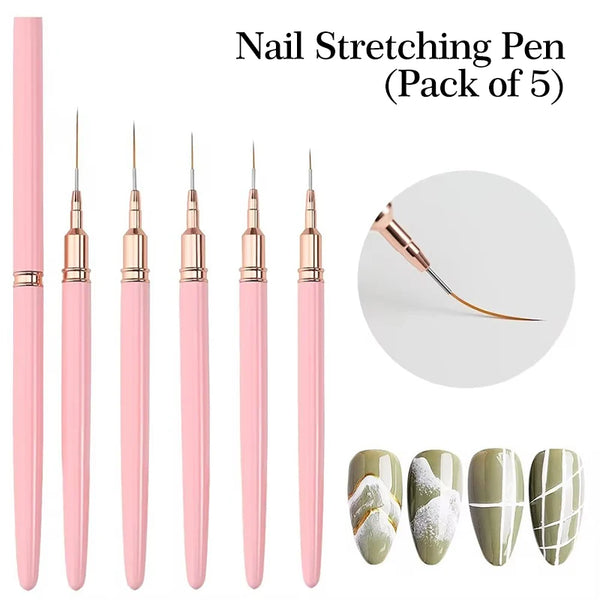 A pack of five pink nail stretching pens for professional precision nail art liner brushes.