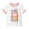A white short-sleeve cotton t-shirt featuring a cute orange cat face with pink and yellow striped accents.