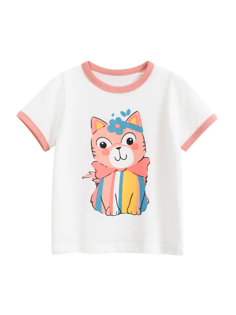 A white short-sleeve cotton t-shirt featuring a cute orange cat face with pink and yellow striped accents.