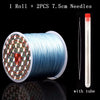 A roll of blue elastic beading cord with two 7.5cm needles and a clear tube.