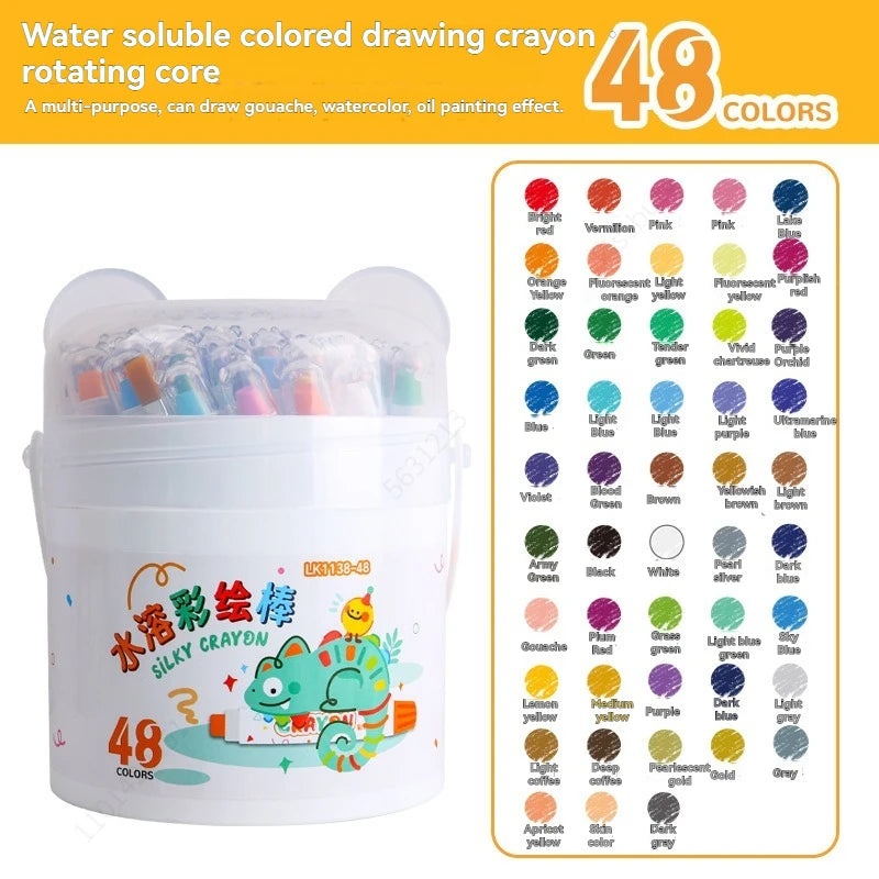 A clear container of 48 rotating colored drawing crayons for kids with various colors visible.