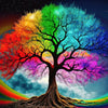 A vibrant tree landscape painting featuring a full-square tree with colorful foliage and roots against a cosmic background.