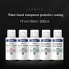 A collection of Vallejo water-based transparent protective coating bottles in various sizes, including Gloss, Matt, Satin, an