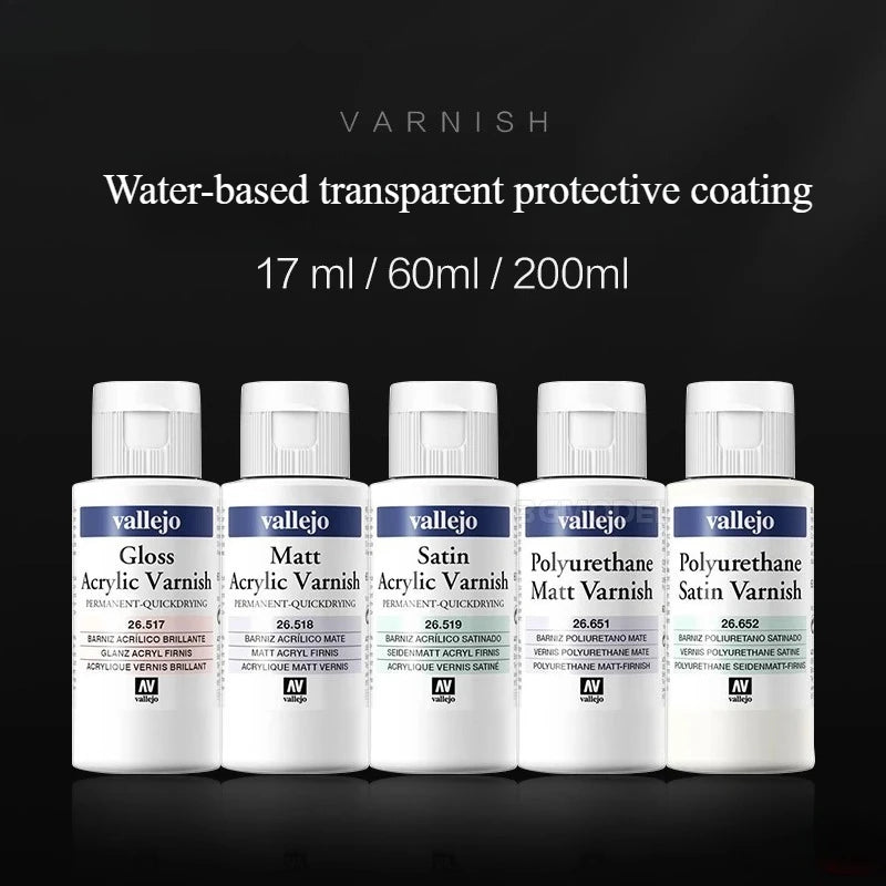 A collection of Vallejo water-based transparent protective coating bottles in various sizes, including Gloss, Matt, Satin, an