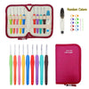 A set of seven crochet hooks in various colors stored in a red zippered pouch.