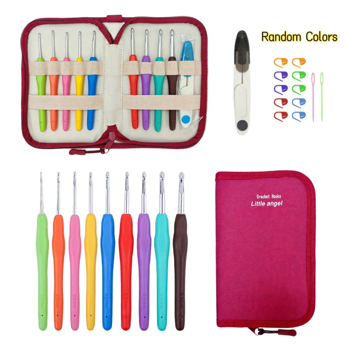 A set of seven crochet hooks in various colors stored in a red zippered pouch.