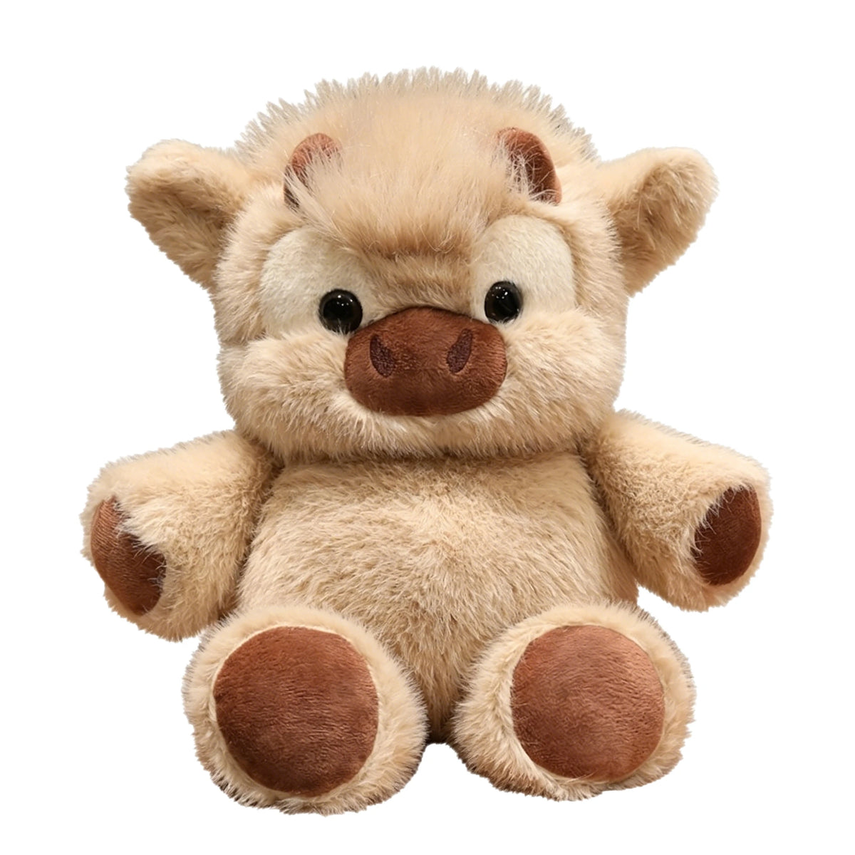 A soft, light tan plush toy of a West Highland calf with brown accents.