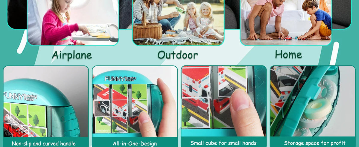 A 4-in-1 rotating puzzle for kids featuring various scenes and designs used as an educational fidget toy.