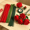 A craft kit showing red and green pipe cleaners shaped into tulip and rose flowers.