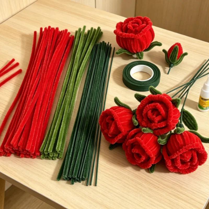 A craft kit showing red and green pipe cleaners shaped into tulip and rose flowers.