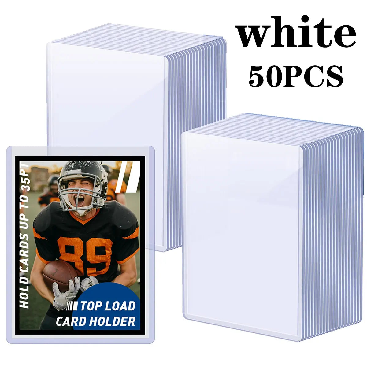 White trading card holders with a card sleeve shown next to them.