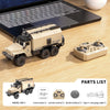 Mini RC Forklift Truck 1:64 scale alloy remote control engineering vehicle with parts list and laptop.