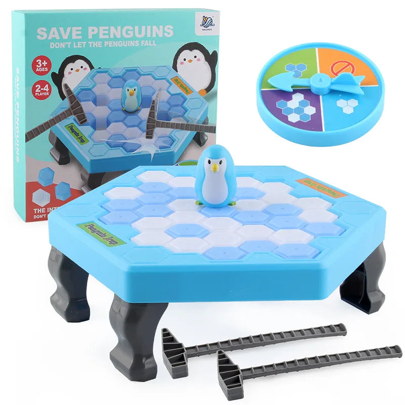 A blue penguin ice table game with wooden pieces and a separate circular game board is shown.