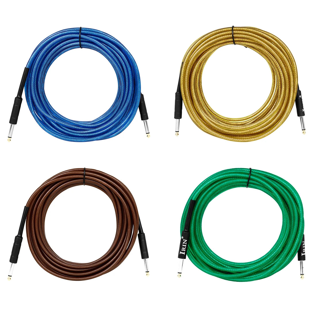 Four coils of professional instrument cable in blue, gold, copper, and green with noise reduction shielding.