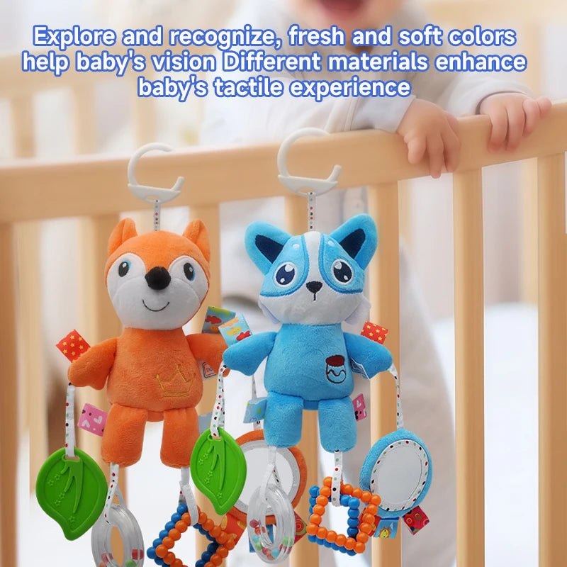 Plush hanging rattle toys featuring orange and blue animal shapes for baby's tactile experience