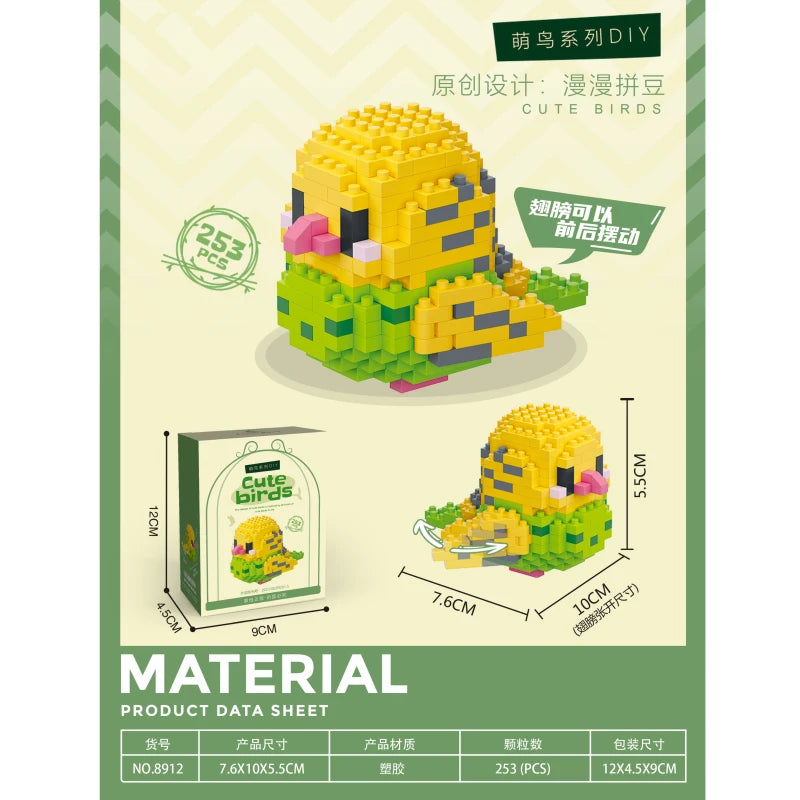 A yellow and green set of DIY cute birds building blocks with packaging and dimensions shown.