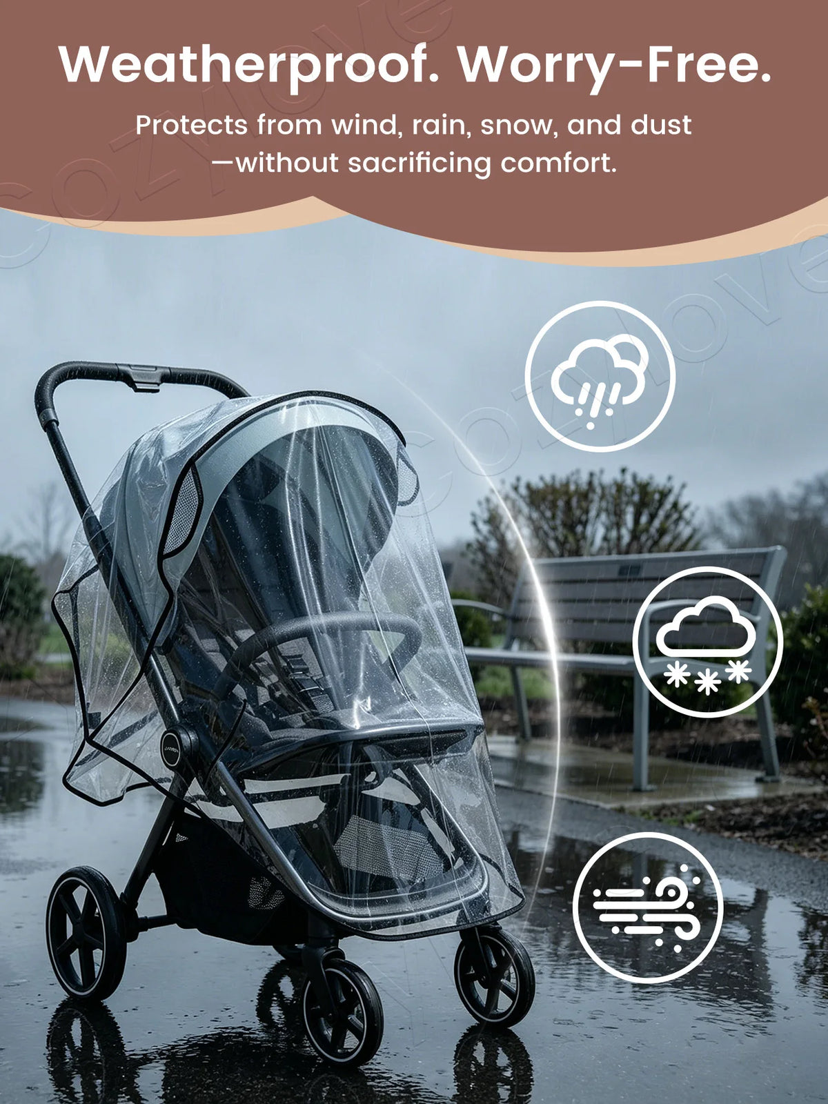 A clear mesh waterproof rain cover for a stroller is shown on a wet ground.