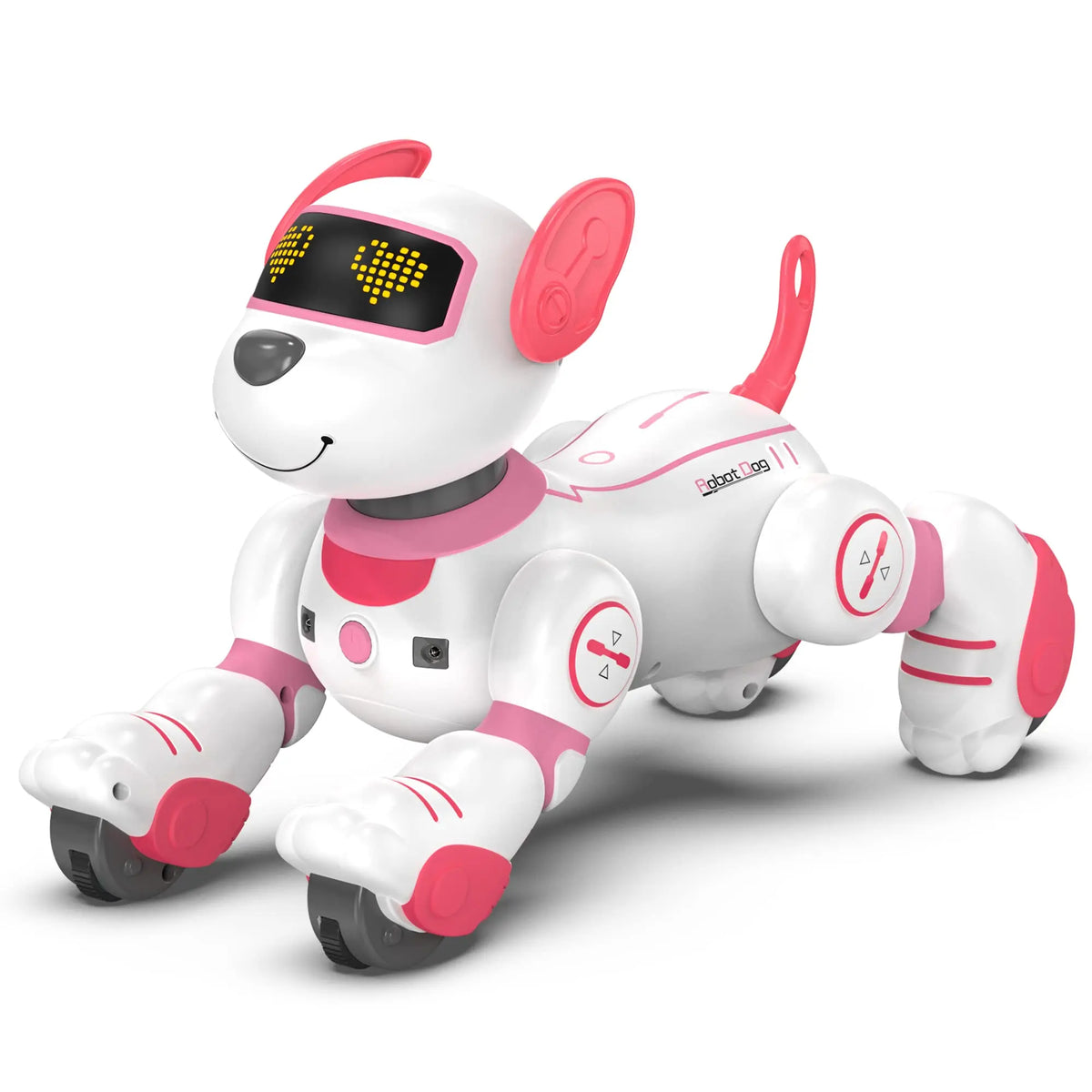 Un robot animal interactif blanc et rose avec de grands yeux et des membres, vu de profil.