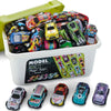 A storage bucket filled with various mini pull-back cars in different colors and designs.