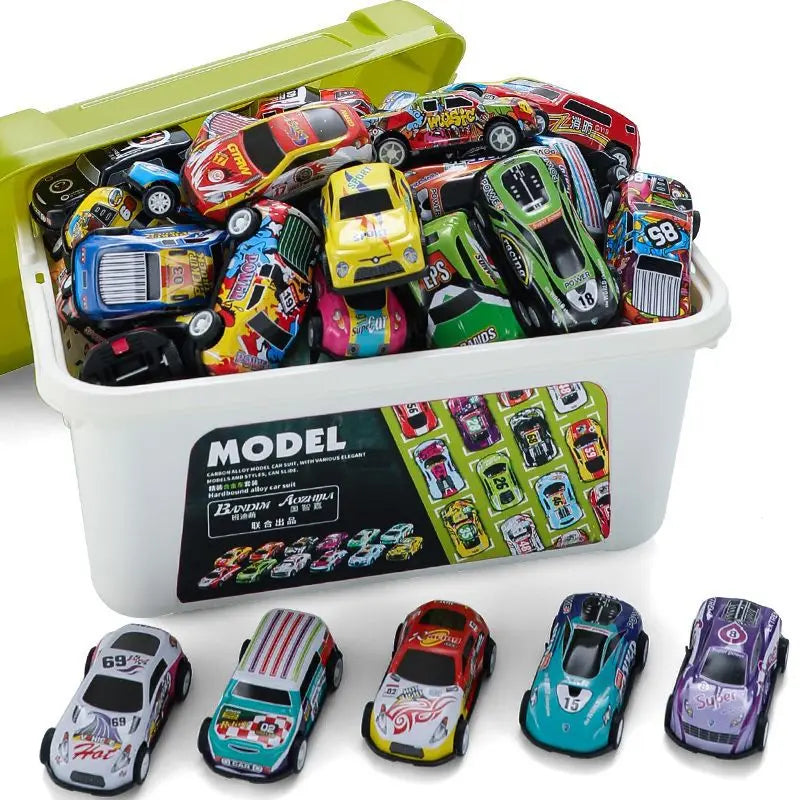 A storage bucket filled with various mini pull-back cars in different colors and designs.