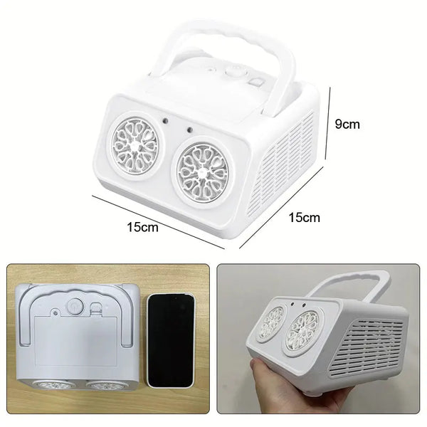 Weiße automatische Seifenblasenmaschine mit Doppelventilator und LED-Lichtern in der Box und in einer Hand gehalten.