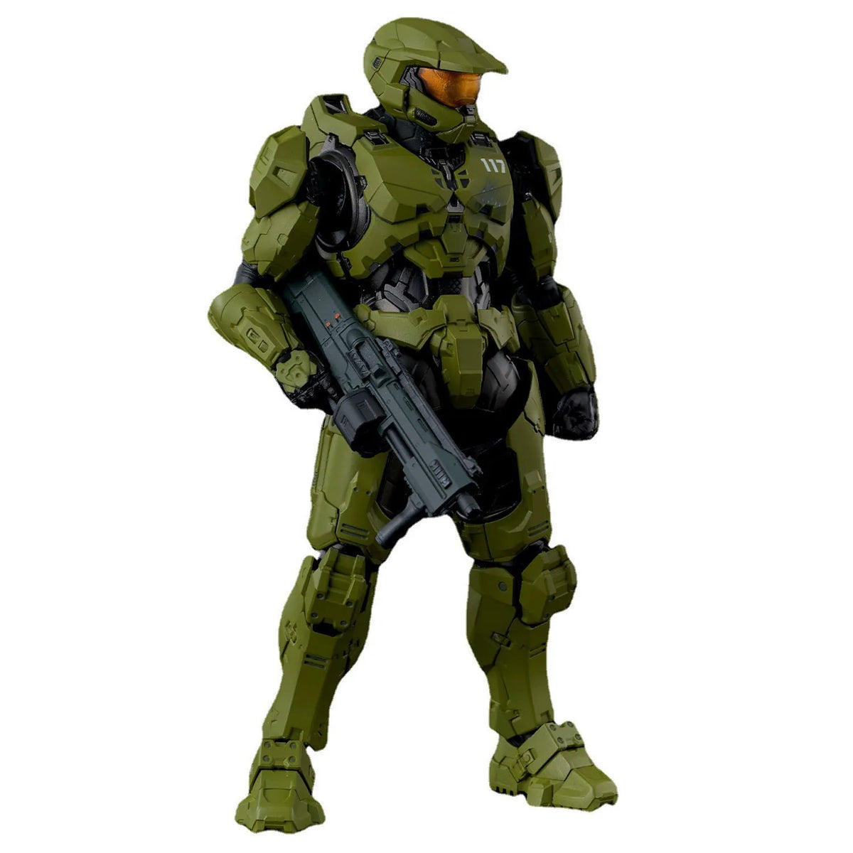 A 1/12 scale Master Chief action figure in olive green armor and helmet.