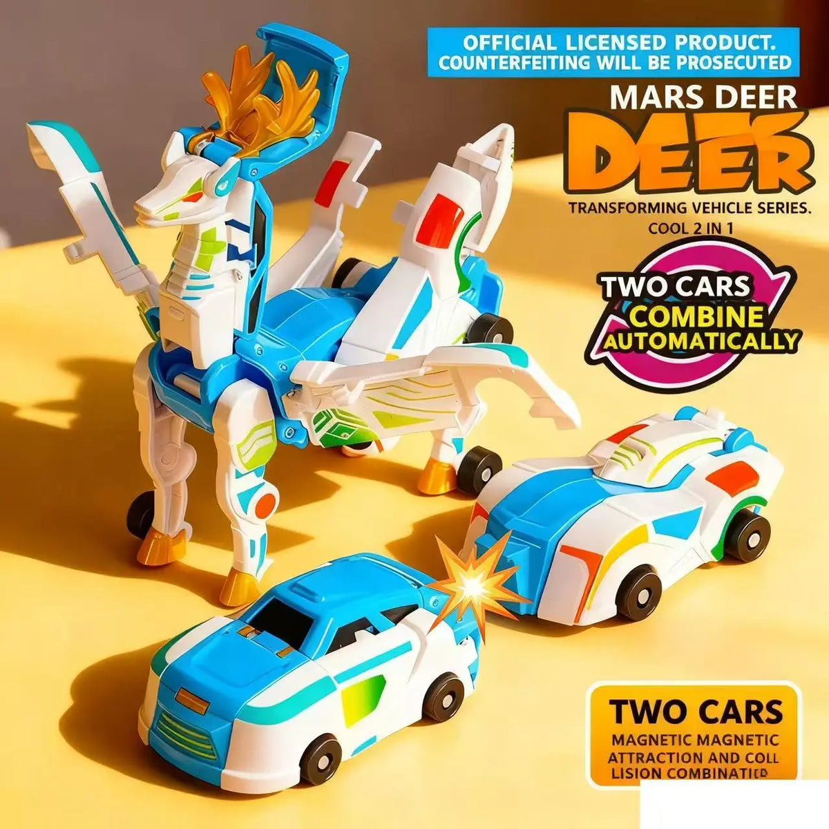 A set of transforming cars and a deer figure, showing two cars combining automatically.