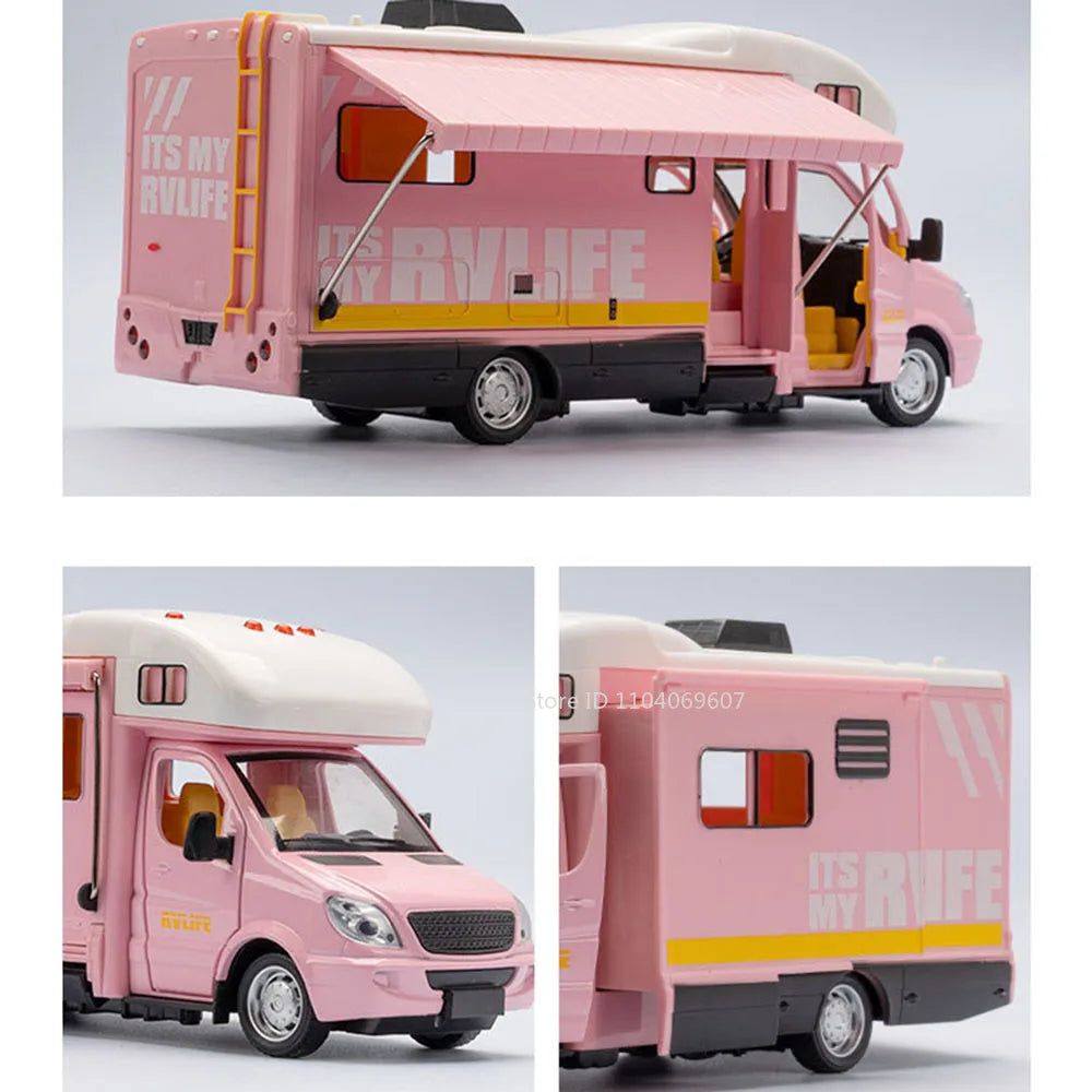 Pink 1:32 scale diecast camping RV with sound and light effects.