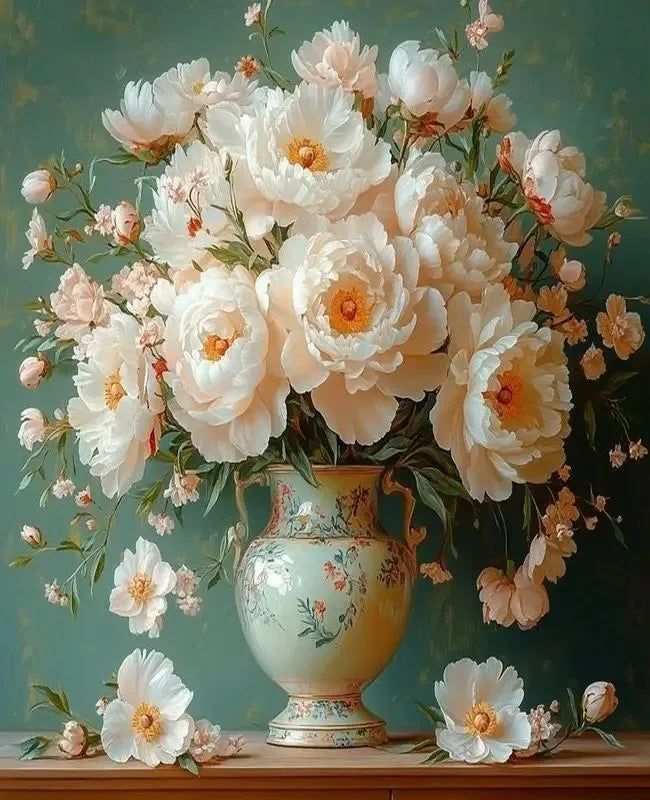 A bouquet of white and peach flowers arranged in a vase on a wooden surface.