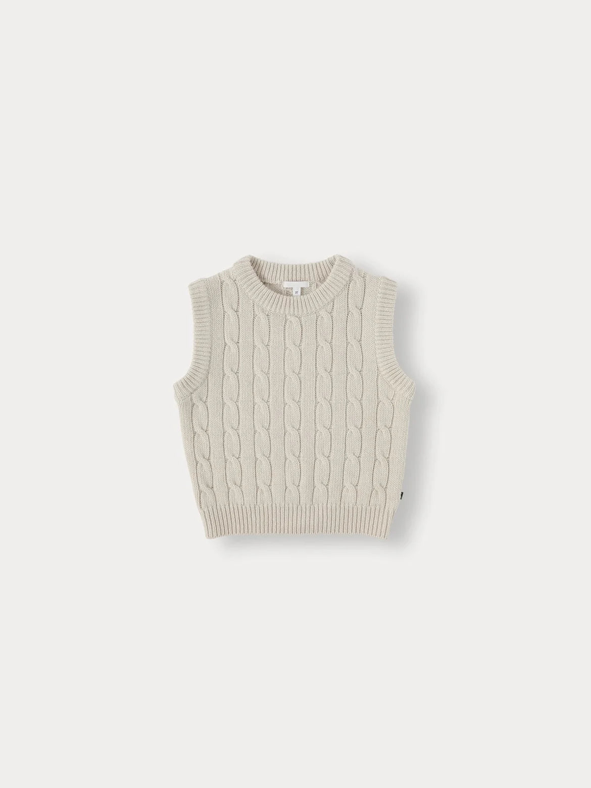 A beige knit sweater for a toddler, featuring a ribbed texture.